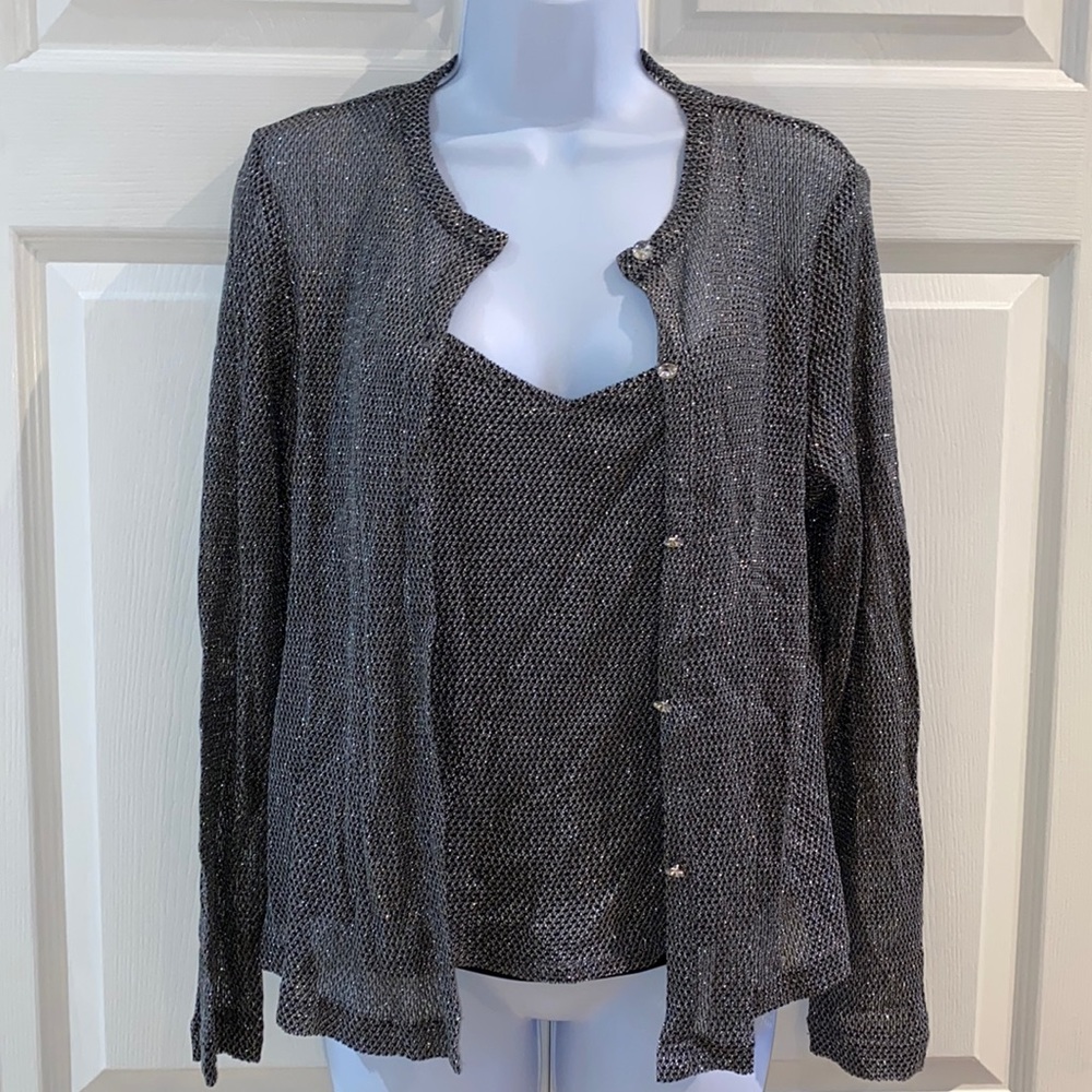 JS Collections Womens’ Metallic Silver & Black Blouse & Tank Top Set Size Large